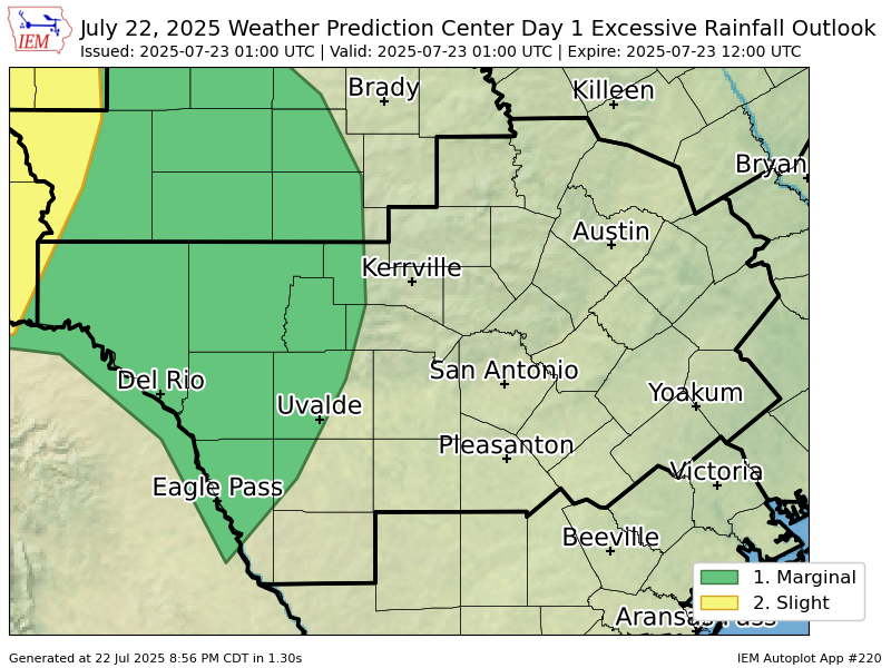 ChikageWeather's tweet image. WPC issues Day 1 Slight Risk Excessive Rainfall Outlook at Jul 23, 1:00z for EWX wpc.ncep.noaa.gov/qpf/excessive_…