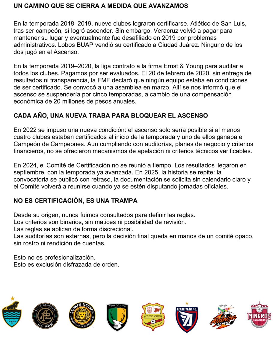 C_A_Morelia's tweet image. 📣 Comunicado Oficial
A la opinión pública, medios de comunicación, autoridades deportivas y afición:
Ocho clubes de la Liga de Expansión MX alzamos la voz sobre el tema de la certificación.
México merece un fútbol que inspire, que una y que sea de todos.
#PorEIAscensoMX