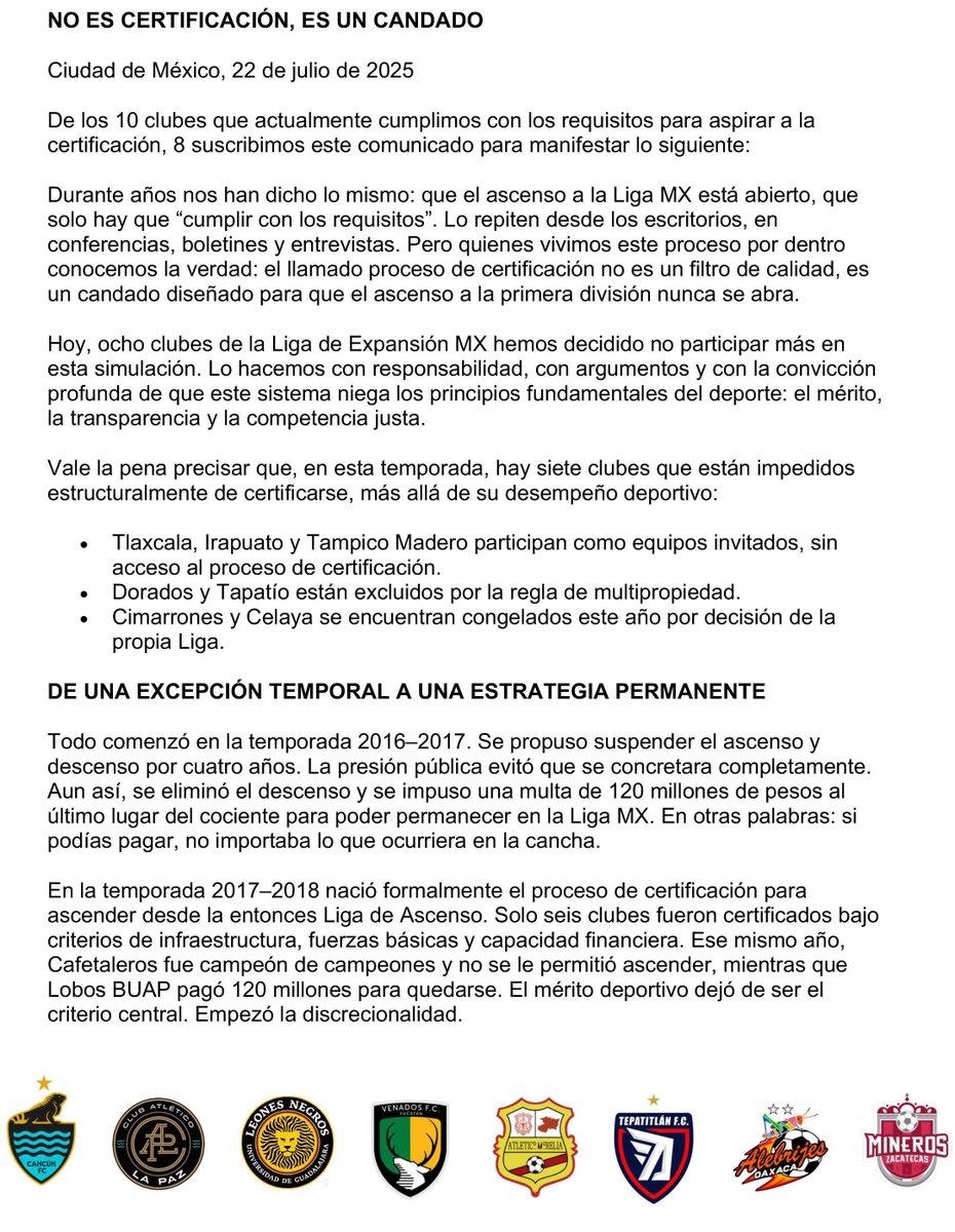 C_A_Morelia's tweet image. 📣 Comunicado Oficial
A la opinión pública, medios de comunicación, autoridades deportivas y afición:
Ocho clubes de la Liga de Expansión MX alzamos la voz sobre el tema de la certificación.
México merece un fútbol que inspire, que una y que sea de todos.
#PorEIAscensoMX