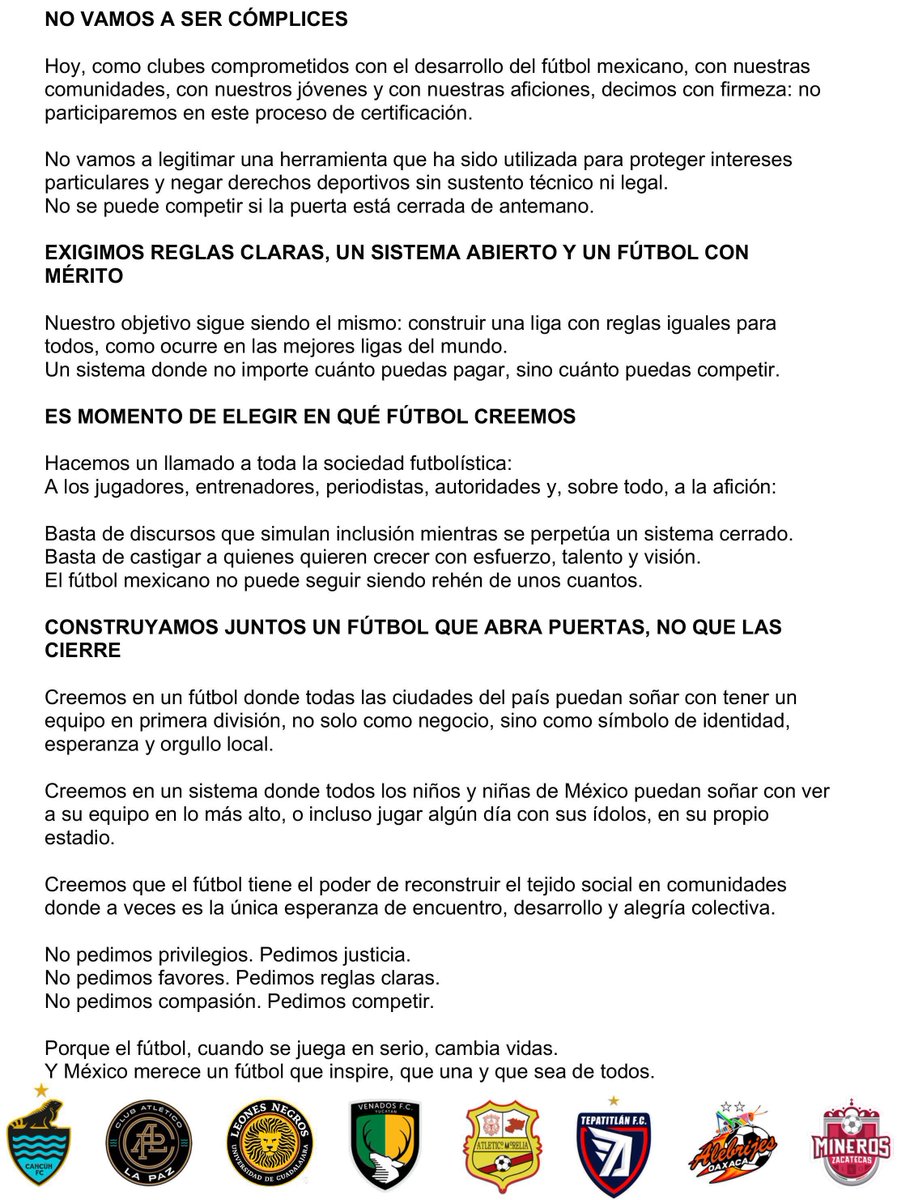 C_A_Morelia's tweet image. 📣 Comunicado Oficial
A la opinión pública, medios de comunicación, autoridades deportivas y afición:
Ocho clubes de la Liga de Expansión MX alzamos la voz sobre el tema de la certificación.
México merece un fútbol que inspire, que una y que sea de todos.
#PorEIAscensoMX
