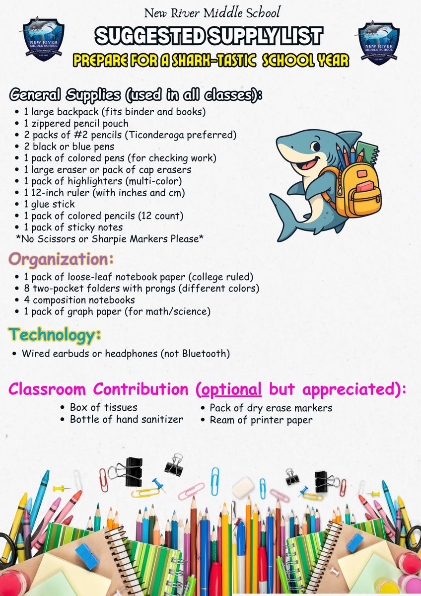 New River Middle (@newrivermiddle) on Twitter photo New River Middle suggested supply list 25-26. New River Middle suggested supply list 25-26.