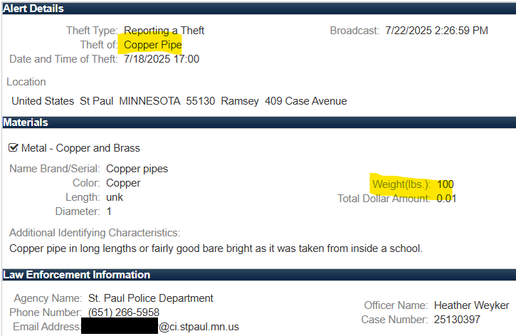CrimeWatchMpls's tweet image. Reportedly 100 lbs of copper piping stolen from Bruce Vento Elementary School in St. Paul over the weekend.