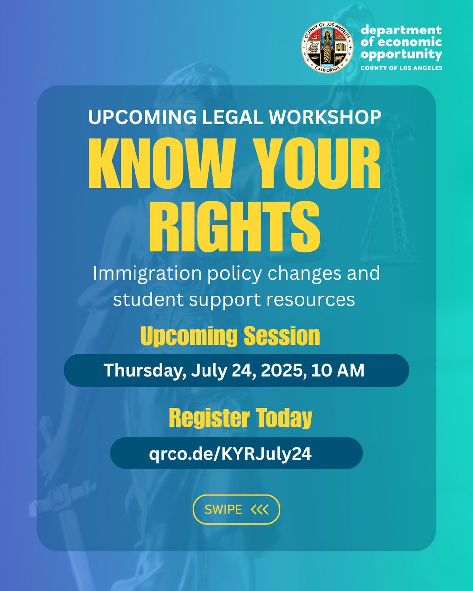 EconOppLA's tweet image. Join next week's “Know Your Rights” workshops on recent immigration policy changes and support resources, available in English and Spanish.
July 24 | 10 AM
➡️Register: qrco.de/KYRJuly24
For additional info, visit oia.lacounty.gov/events-calenda…