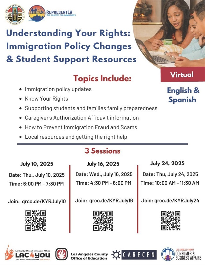EconOppLA's tweet image. Join next week's “Know Your Rights” workshops on recent immigration policy changes and support resources, available in English and Spanish.
July 24 | 10 AM
➡️Register: qrco.de/KYRJuly24
For additional info, visit oia.lacounty.gov/events-calenda…