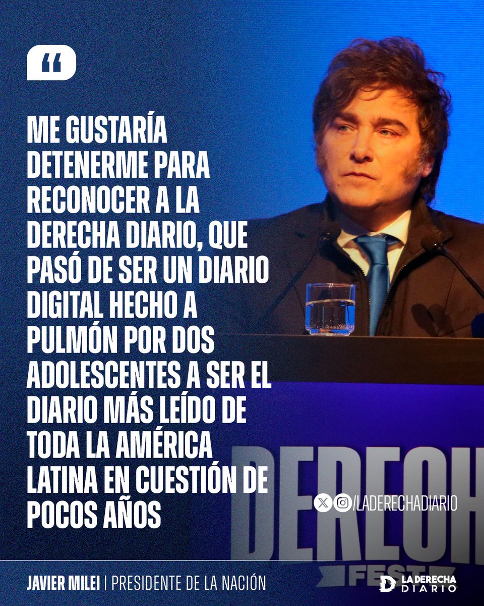 laderechadiario's tweet image. 🚨🇦🇷 | El presidente Javier Milei reconoció el crecimiento de La Derecha Diario durante su discurso en La Derecha Fest: "Pasó de ser un diario digital hecho a pulmón por dos adolescentes a ser el diario más leído de toda la América Latina en cuestión de pocos años".