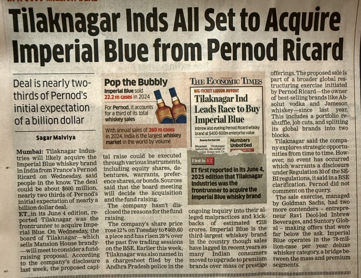 subodhsingh_'s tweet image. Tilaknagar Industries all set to acquire Imperial Blue from Pernod Ricard.

#stockmarket