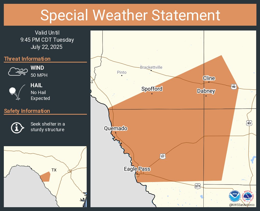 NWSSanAntonio's tweet image. A special weather statement has been issued for Eagle Pass TX, Seco Mines TX and Quemado TX until 9:45 PM CDT