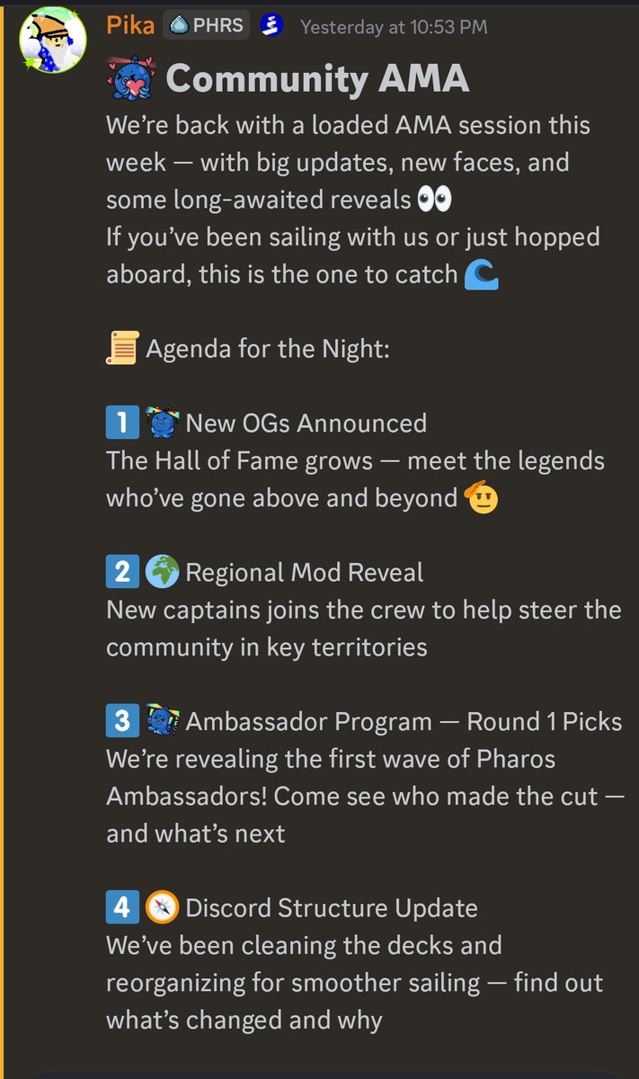 kumar16629's tweet image. GOCOT EVERYONE
🚨NEW AMA ALERT ON @pharos_network DICORD🚨
TIME:- 1 pm UTC, Wednesday(Today)
💥 Agenda of the night:-
1️⃣ New Real OG announcement
2️⃣ New Regional Mods Reveal
3️⃣ Ambassador program (First round winners reveal)
4️⃣ Discord Structure Update
I am feeling…