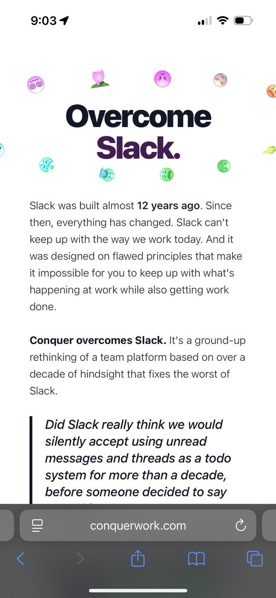 moughxyz's tweet image. Bad inflammation today made it hard to type much on the keyboard.
Usually this is cause for panic if you’re creating a software company.
But actually it lead me to doing softer things, like working on the brand/ philosophy, which is equally important.
conquerwork.com