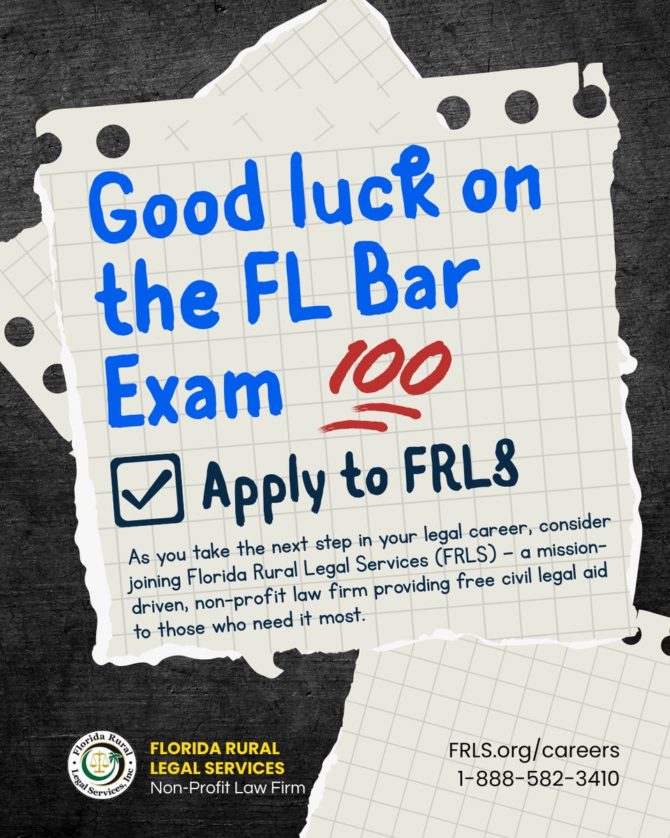 Frls_Inc's tweet image. Good luck on the Florida Bar Exam! As you take the next step in your legal career, consider joining #FRLS, a mission-driven, non-profit law firm providing free civil legal aid to those who need it most.

👉 Learn more at frls.org/careers

#FloridaBar