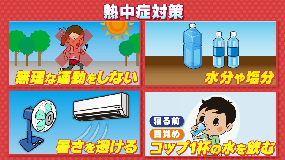 (*’-’).。o○(きょうも暑いですね～～～～

水分・塩分補給していますか？屋内でも忘れずに飲んでくださいね🥤✨
早めの休憩、無理に行動をしないなど、熱中症対策をしっかりと！冷房機器も早めに活用して安全にお過ごしくださいね）