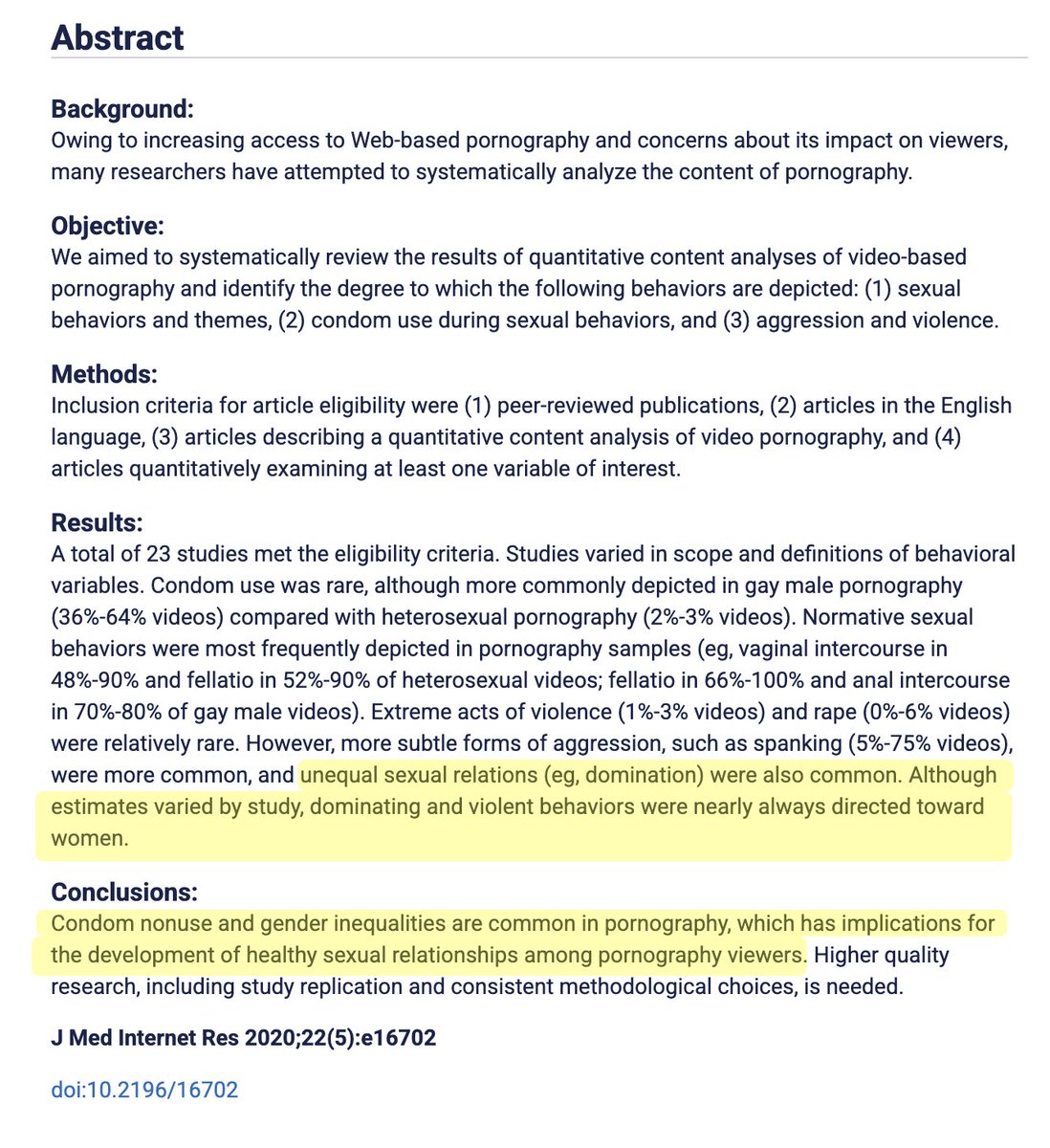 SexIndustryRes's tweet image. #SexIndustryStats
Sexual Behaviors and Violence in Pornography: Systematic Review and Narrative Synthesis of Video Content Analyses
jmir.org/2020/5/e16702/
"Results
A total of 23 studies met the eligibility criteria. Studies varied in scope and definitions of behavioral…