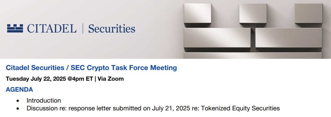 NateGeraci's tweet image. Let's see who SEC Crypto Task Force met w/ today...
Just *Citadel Securities*.
The topic?
You guessed it.
Tokenized equity securities.
I have no further comment at this time.