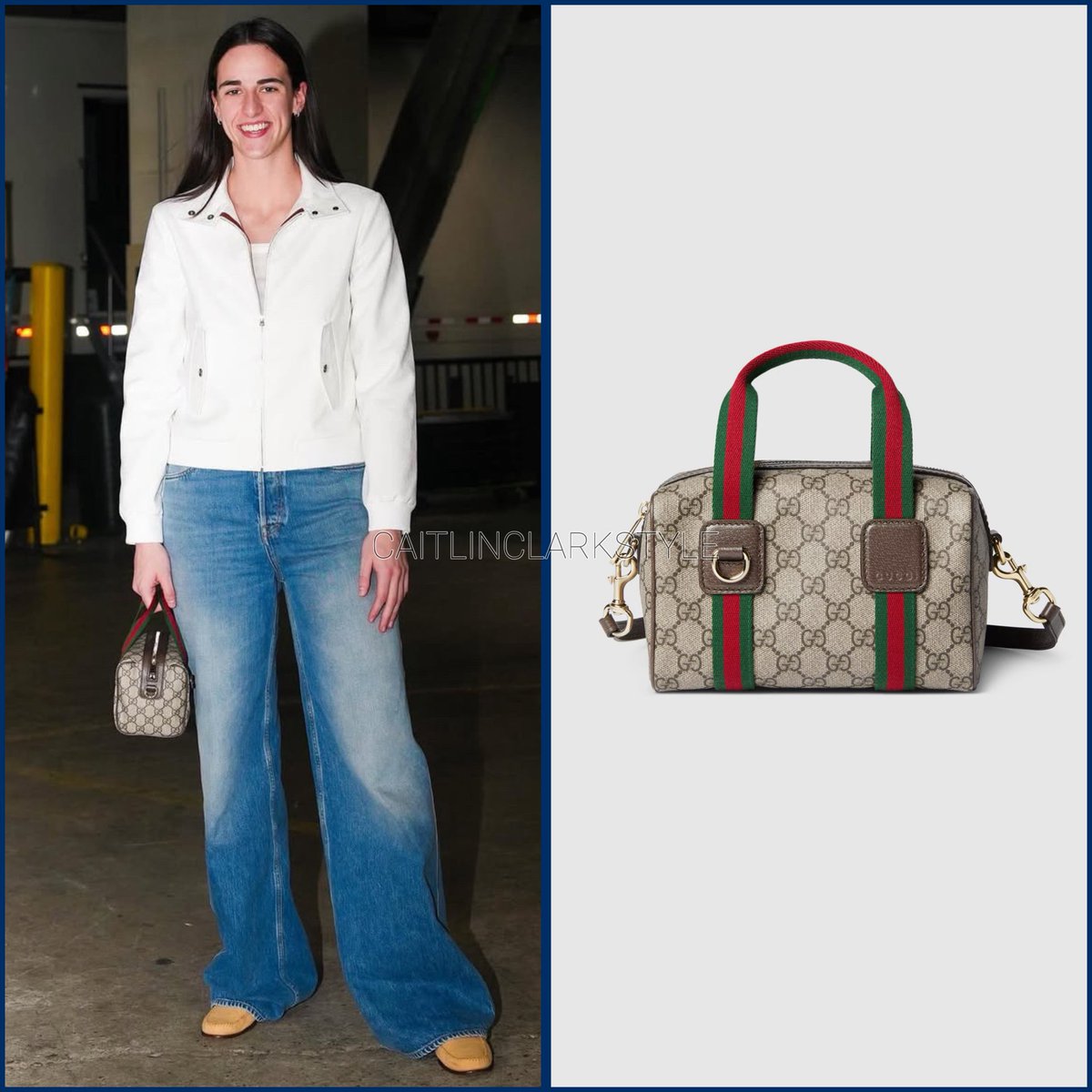 caitlinclarksty's tweet image. July 22, 2025: @CaitlinClark22 at Fever vs Liberty | Brooklyn, New York | wearing @gucci Gucci Mini GG handbag. Shop: $1950 go.shopmy.us/p-21636128 #guccipartner
Caitlin carries the Mini GG handbag, a fresh take on Gucci’s signature duffle silhouette in soft monogram canvas with…