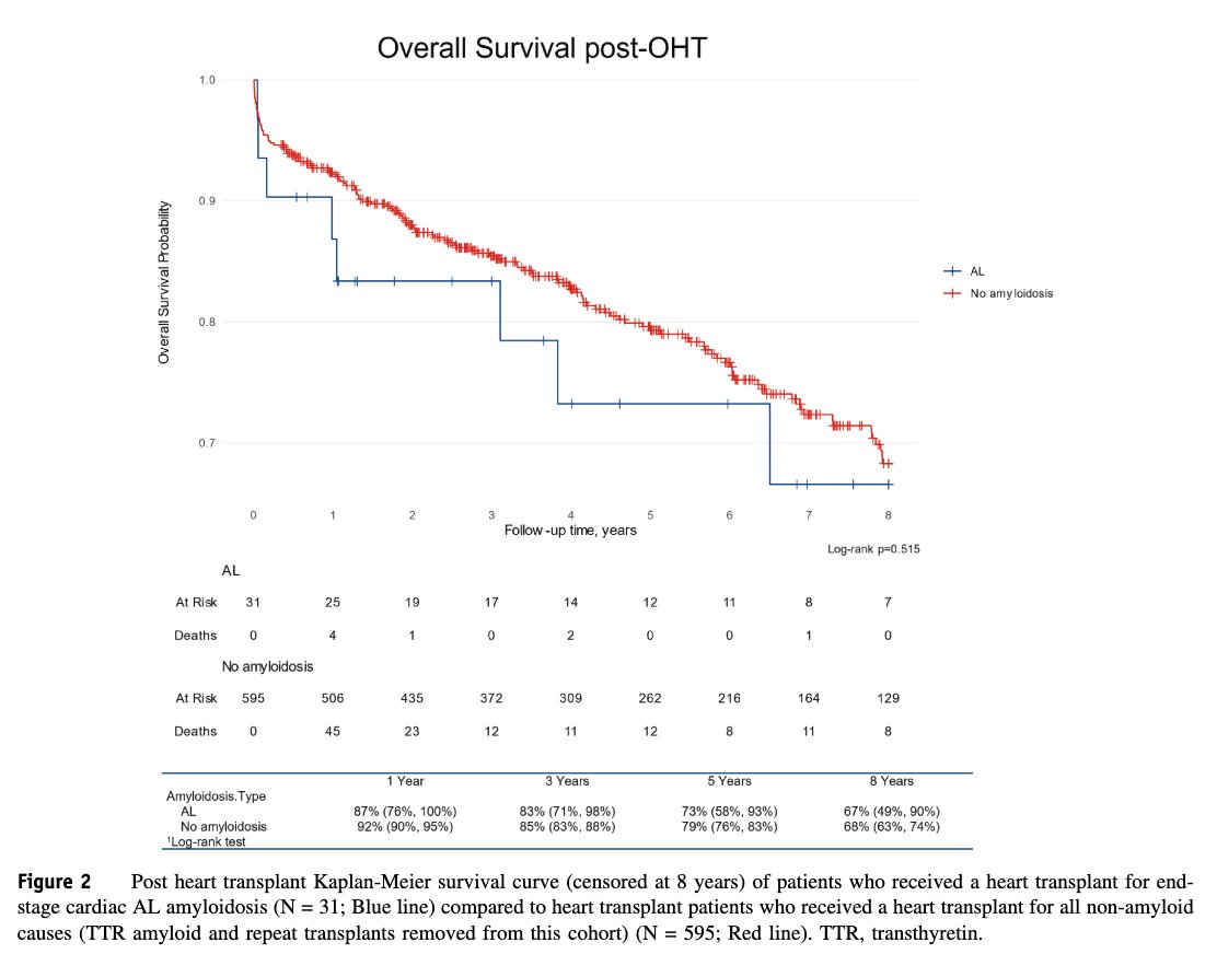 Myeloma_Doc's tweet image. #Myeloma Paper of the Day: Single-center experience of long-term outcomes of AL #amyloidosis patients receiving heart transplant finds 1-, 3-, 5-, and 8-year survival (87%, 83%, 73%, and 67%) not different vs. non-AL patients (92%, 85%, 79%, 68%): pubmed.ncbi.nlm.nih.gov/40687315/. #mmsm
