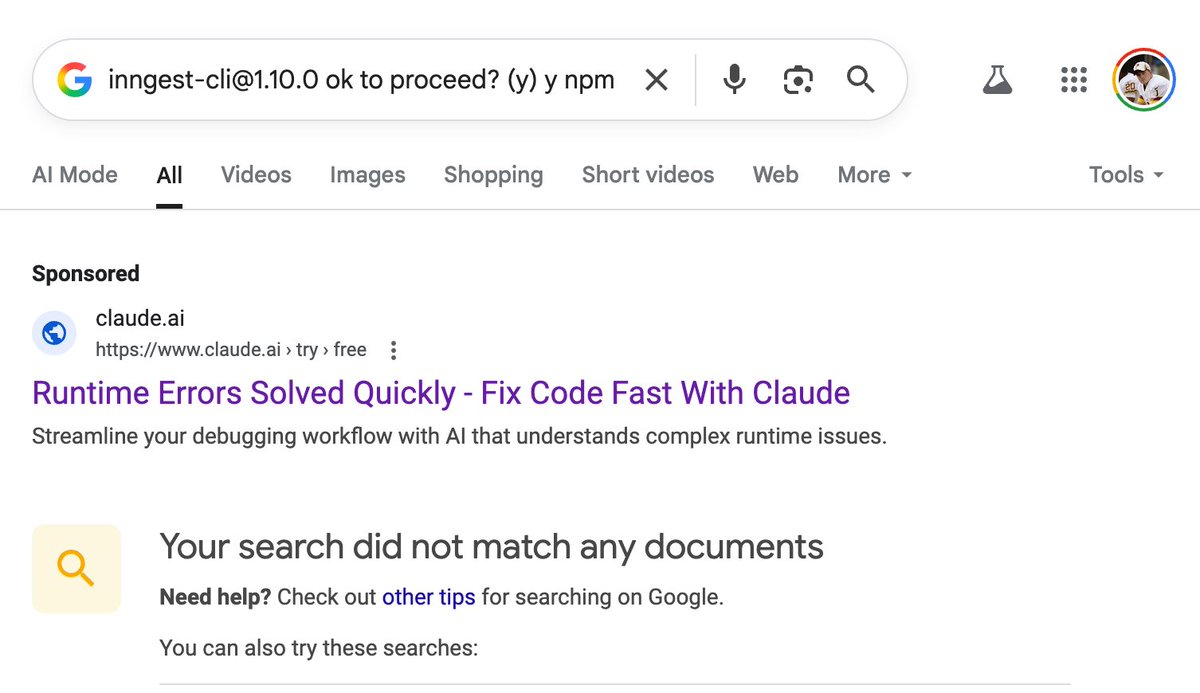 johnmpotter's tweet image. Smart ad buy from @claudeai for those long tail unsearchable error strings. Not sure if i've ever seen this before.
