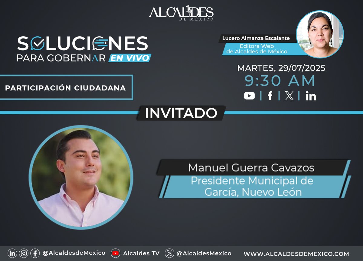 Alcaldes de México (@alcaldesmexico) on Twitter photo Este martes 29 de julio en #SolucionesParaGobernar nos acompañará <a href="/ManuelGuerraCav/">Manuel Guerra Cavazos</a>, Presidente Municipal de García, #NuevoLeón. ¡Te esperamos! Este martes 29 de julio en #SolucionesParaGobernar nos acompañará <a href="/ManuelGuerraCav/">Manuel Guerra Cavazos</a>, Presidente Municipal de García, #NuevoLeón. ¡Te esperamos!