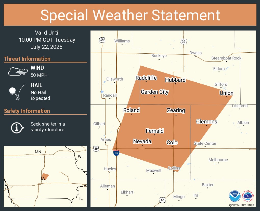 NWSDesMoines's tweet image. A special weather statement has been issued for Nevada IA, Roland IA and Colo IA until 10:00 PM CDT