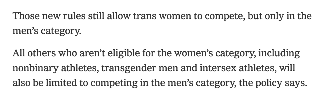 BrentScher's tweet image. Reading the @nytimes coverage of the Olympics ban on men from women's sports is just hilarious. Imagine the effort it takes to write this way.