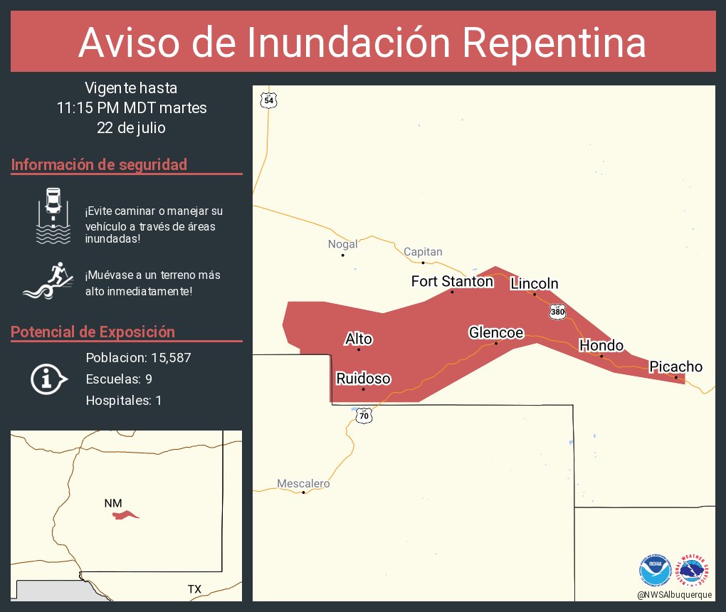 NWSAlbuquerque's tweet image. Aviso de Inundación Repentina incluye Ruidoso NM, Ruidoso Downs NM, Hollywood NM hasta las 11:15 PM MDT