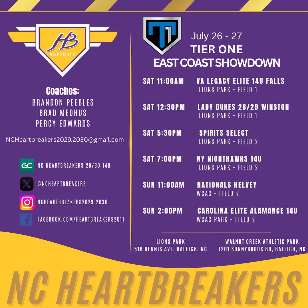 NC Heartbreakers 29/30 Softball (@ncheartbreakers) on Twitter photo We are looking forward to playing with <a href="/TierOneFP/">Tier One Fastpitch</a> in the East Coast Showdown Showcase this coming weekend in Raleigh! We are looking forward to playing with <a href="/TierOneFP/">Tier One Fastpitch</a> in the East Coast Showdown Showcase this coming weekend in Raleigh!