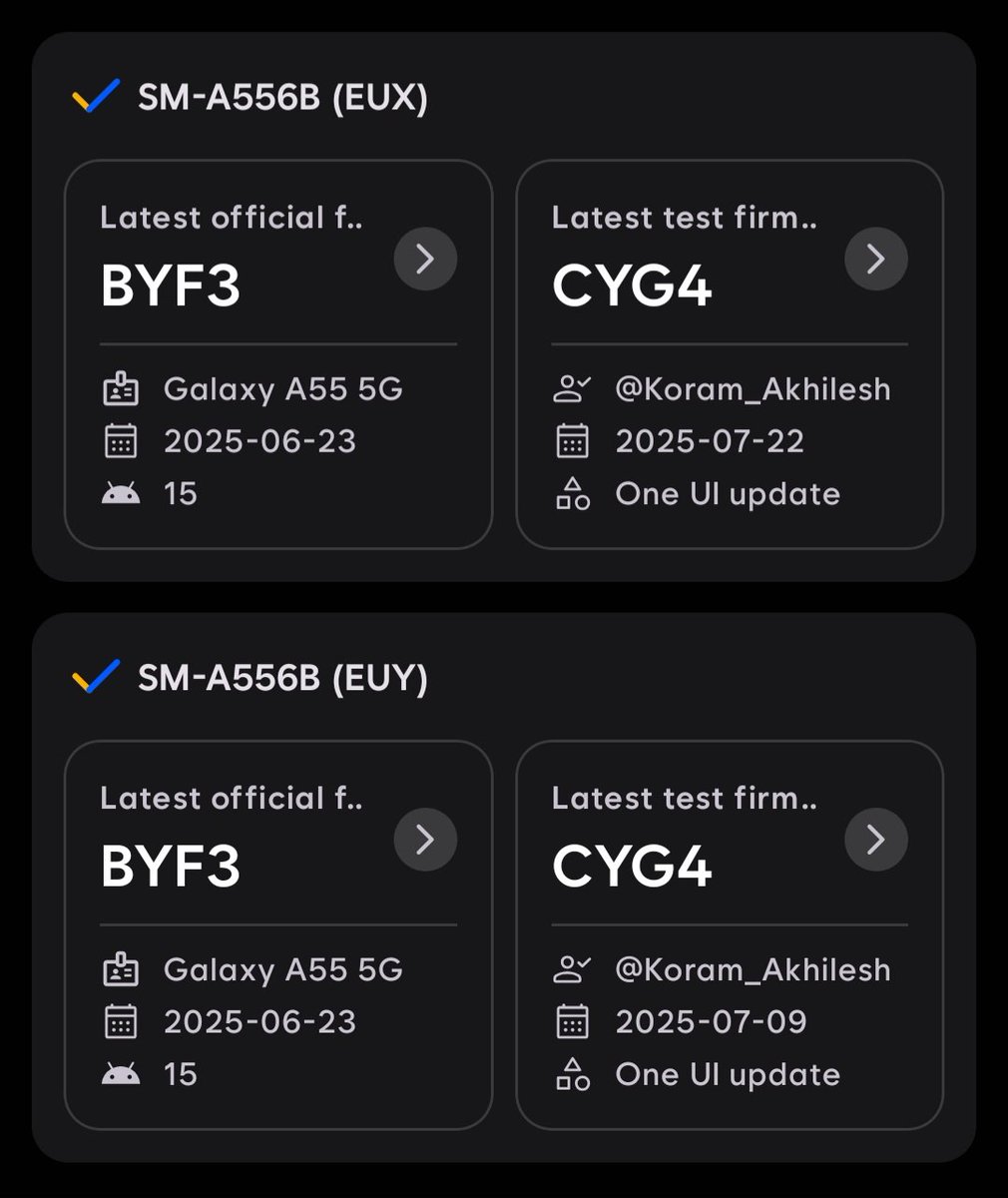 Koram_Akhilesh's tweet image. Attention A55 users ❗
OneUI8 build for Galaxy A55 ( Europe🇪🇺 ) got updated on the server.
U9CYG3 ➡️ UACYG4
📌Build info: A556BXXUACYG4/A556BOXMACYG4/A556BXXUACYG4
#OneUI8, #GalaxyA55, #Samsung