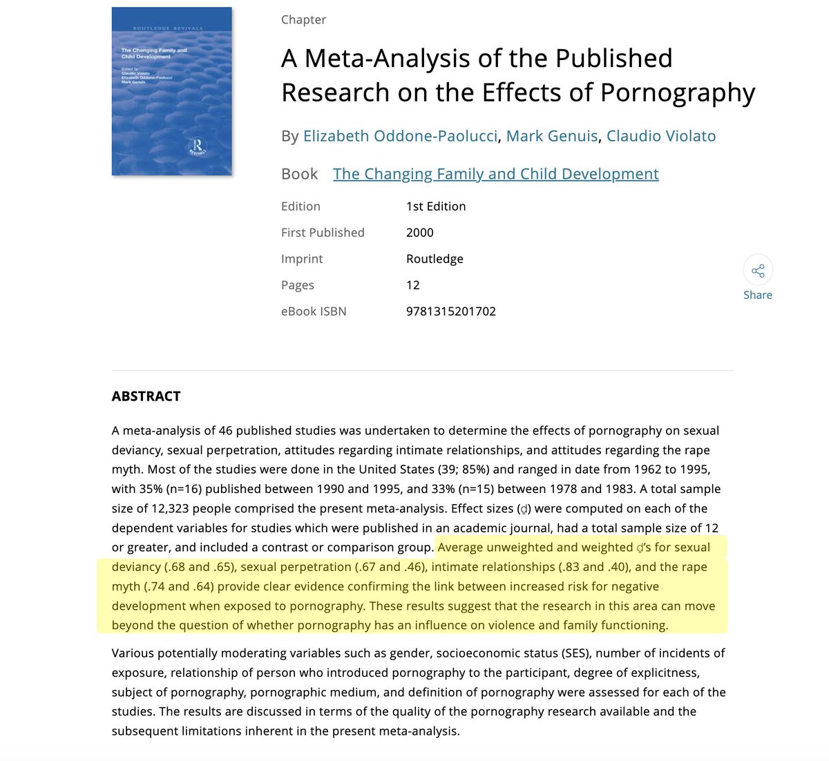 SexIndustryRes's tweet image. #SexIndustryStats
A Meta-Analysis of the Published Research on the Effects of Pornography
taylorfrancis.com/chapters/edit/…
"Average unweighted and weighted ḏ’s for sexual deviancy (.68 and .65), sexual perpetration (.67 and .46), intimate relationships (.83 and .40), and the rape myth…