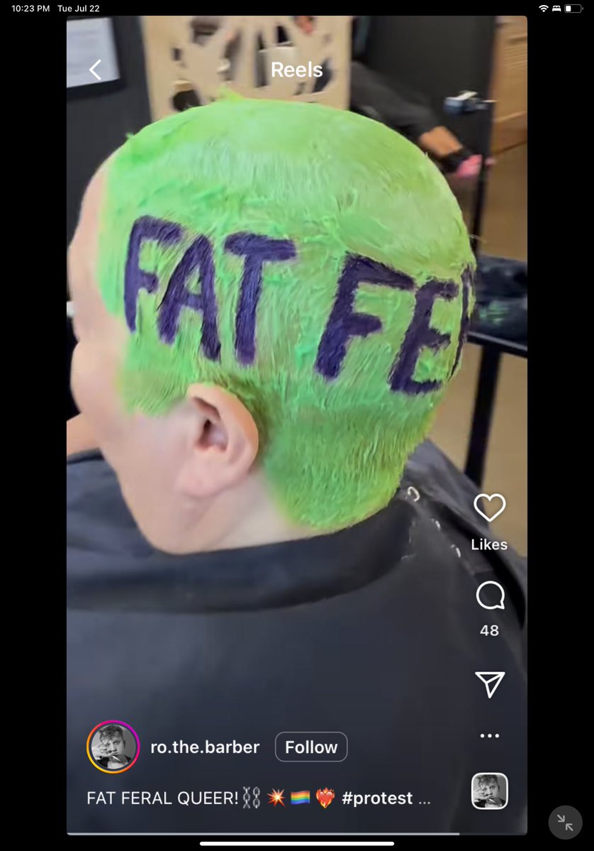 postmodernagent's tweet image. First reel to hit the iPad: Large AFAB getting “FAT FERAL QUEER” scribed across their Chartreuse-died buzzcut