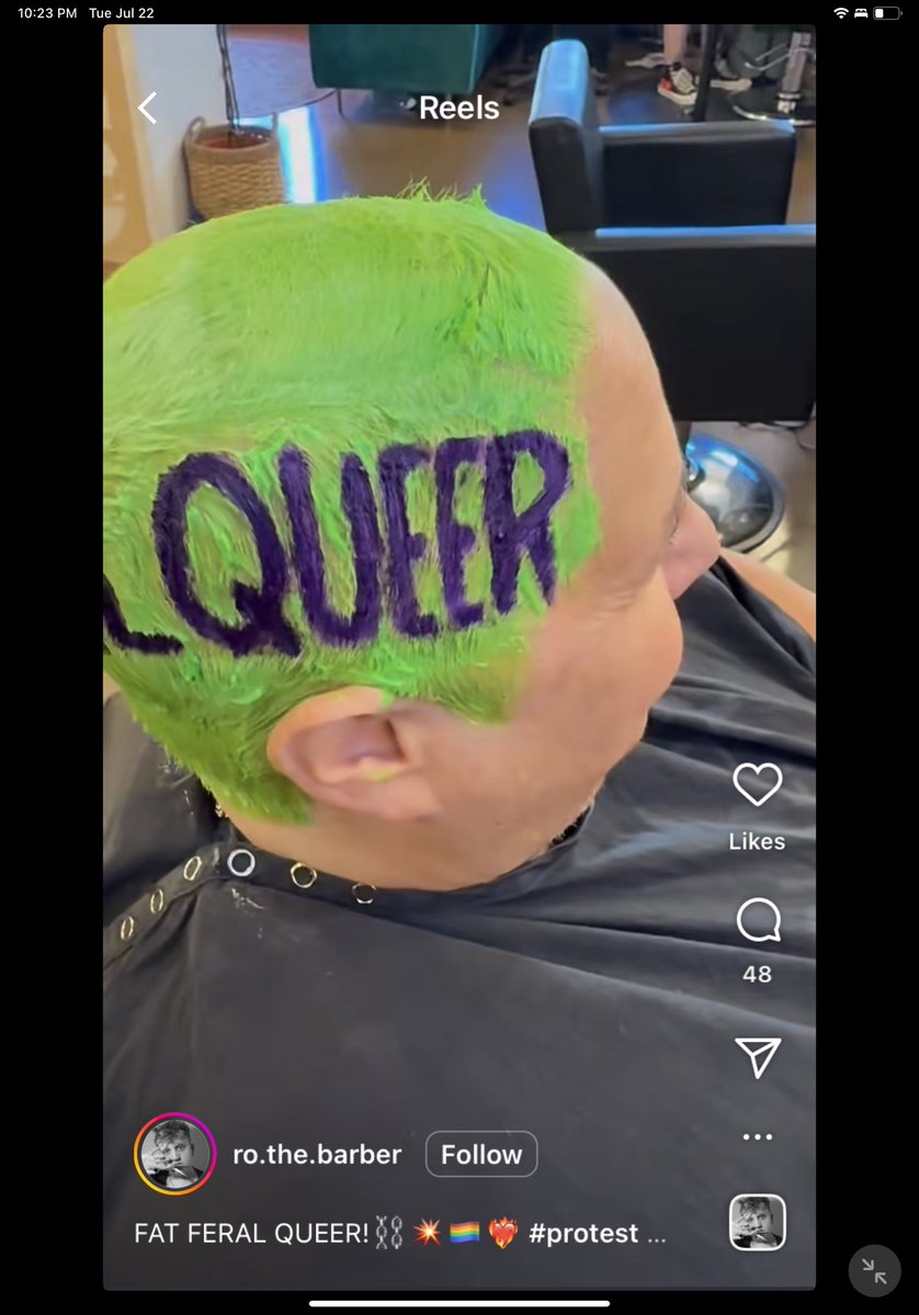 postmodernagent's tweet image. First reel to hit the iPad: Large AFAB getting “FAT FERAL QUEER” scribed across their Chartreuse-died buzzcut