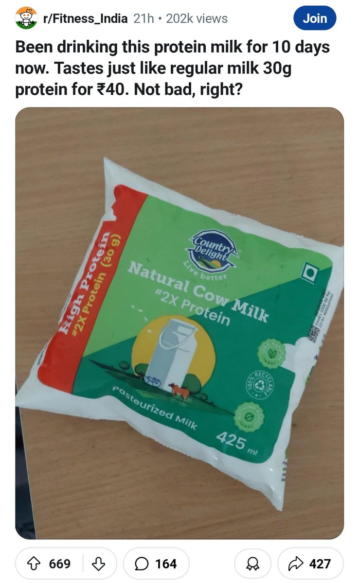 KantInEastt's tweet image. Usually 1 litre of Milk has 32-33 gm of protein, but this milk has 70 gm of protein in 1 litre. Proteinjēēts need to be careful.