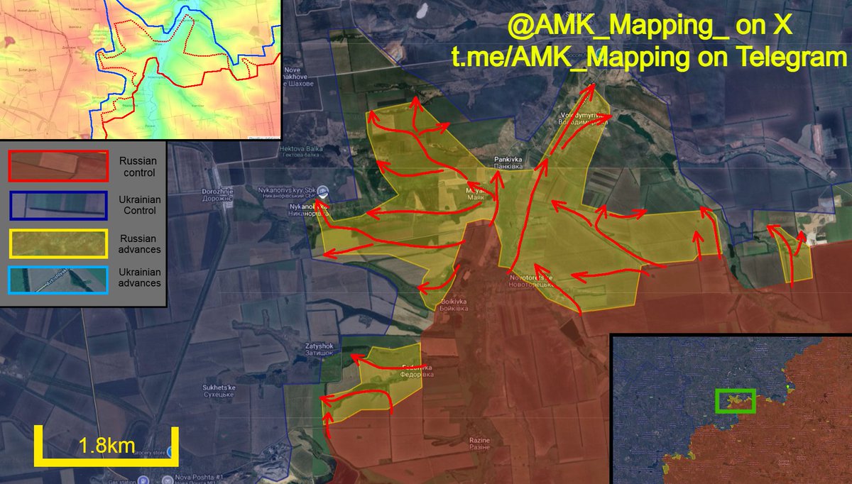 AMK_Mapping_'s tweet image. On the northeastern flank of Pokrovsk, Russian forces achieved a tactical breakthrough in multiple directions, blooming outwards from the area of the Kazenyi Torets River.
Russian forces initially began further expanding their bridgehead on the western bank of the river by…