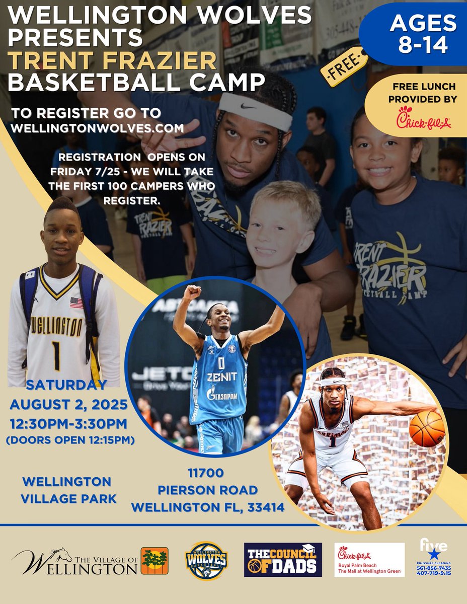 WellyWolves's tweet image. 🚨 It’s back! The 3rd Annual Trent Frazier Basketball Camp 🏀

📅 Aug 2 | 12:30–3:30 PM
📍Wellington Village Park
Ages 8–14 | Free Chick-fil-A lunch
Only 100 spots! Register now: wellingtonwolves.com

Let’s make year 3 the BEST yet! 🔥