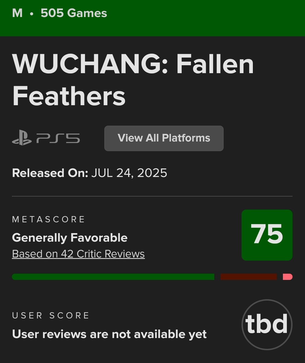 kjngamer's tweet image. Wuchang Fallen Feathers metacritic is sitting at 75
That is surprising
Thought it was gonna do a bit better, but I'm still gonna get it 😊