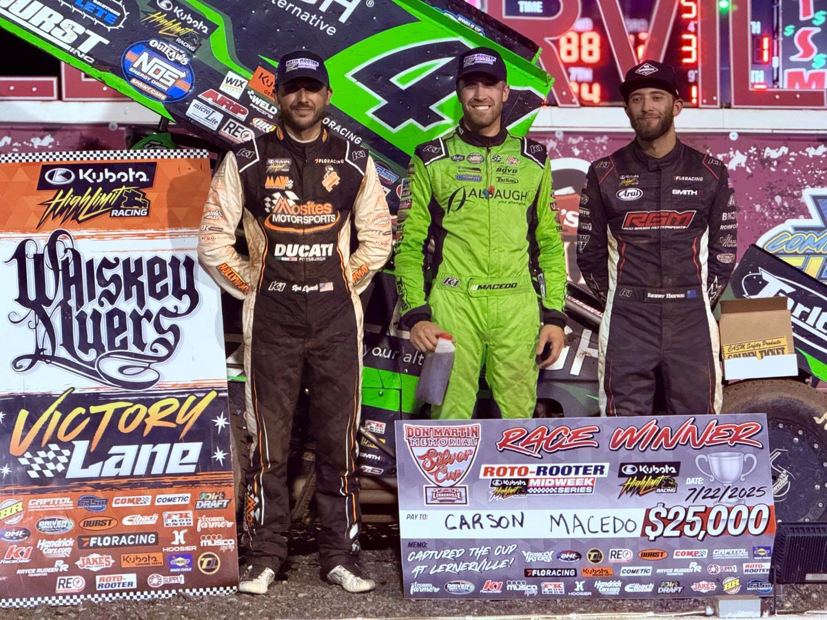 HighLimitRacing's tweet image. Tuesdayโs #๐ฆ๐ถ๐น๐๐ฒ๐ฟ๐๐๐ฝ๐ซ๐ซ๐ซ๐๐ฉ Podium at @Lernerville:
๐ฅ @Carson_Macedo (@JJR41Updates)
๐ฅ @Tanner_Thorson (@TeamRGM88)
๐ฅ @Sye_Lynch (Apollo, PA)
