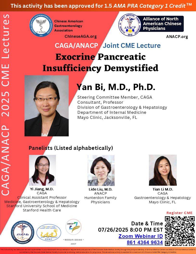 Chinese American Gastroenterology Association (@cagastrohep) on Twitter photo We are excited to have Professor and Consultant <a href="/YanBiPancDoc/">Yan Bi, MD, PhD</a> from <a href="/MayoClinicFLGIH/">Mayo Clinic Florida Gastroenterology & Hepatology</a> sharing the topic of “Exocrine Pancreatic Insufficiency Demystified” this coming Sunday! Save the date for this great opportunity to learn from the leading clinician-Scientist of the field! ✍🏼👩🏻🔬👩🏻⚕️ We are excited to have Professor and Consultant <a href="/YanBiPancDoc/">Yan Bi, MD, PhD</a> from <a href="/MayoClinicFLGIH/">Mayo Clinic Florida Gastroenterology & Hepatology</a> sharing the topic of “Exocrine Pancreatic Insufficiency Demystified” this coming Sunday! Save the date for this great opportunity to learn from the leading clinician-Scientist of the field! ✍🏼👩🏻🔬👩🏻⚕️