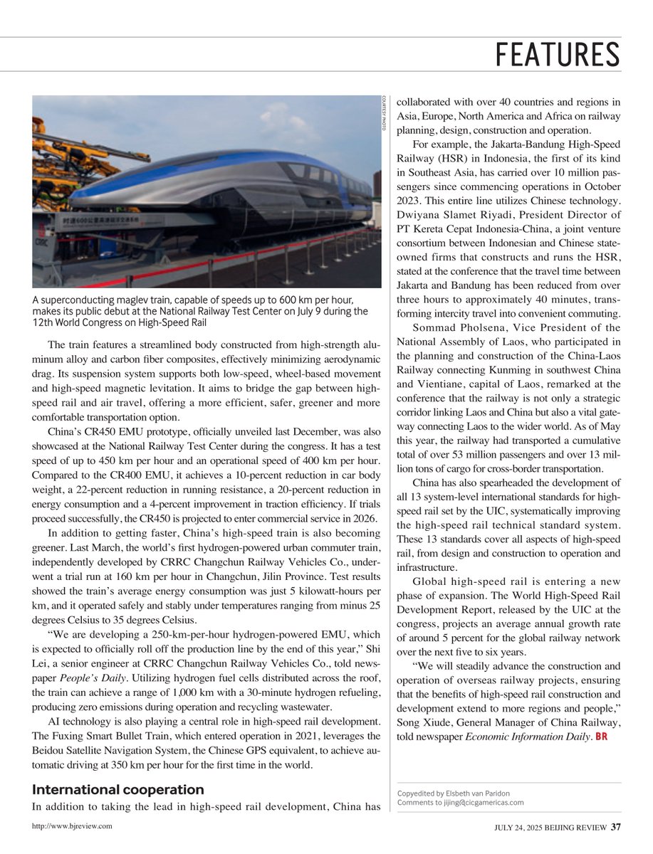 BeijingReview's tweet image. #BeijingReview Spearheaded the development of all 13 system-level international standards for high-speed rail set by the International Union of Railways (#UIC) and collaborated with over 40 countries and regions, China isn’t just building tracks—it’s laying the blueprint for…