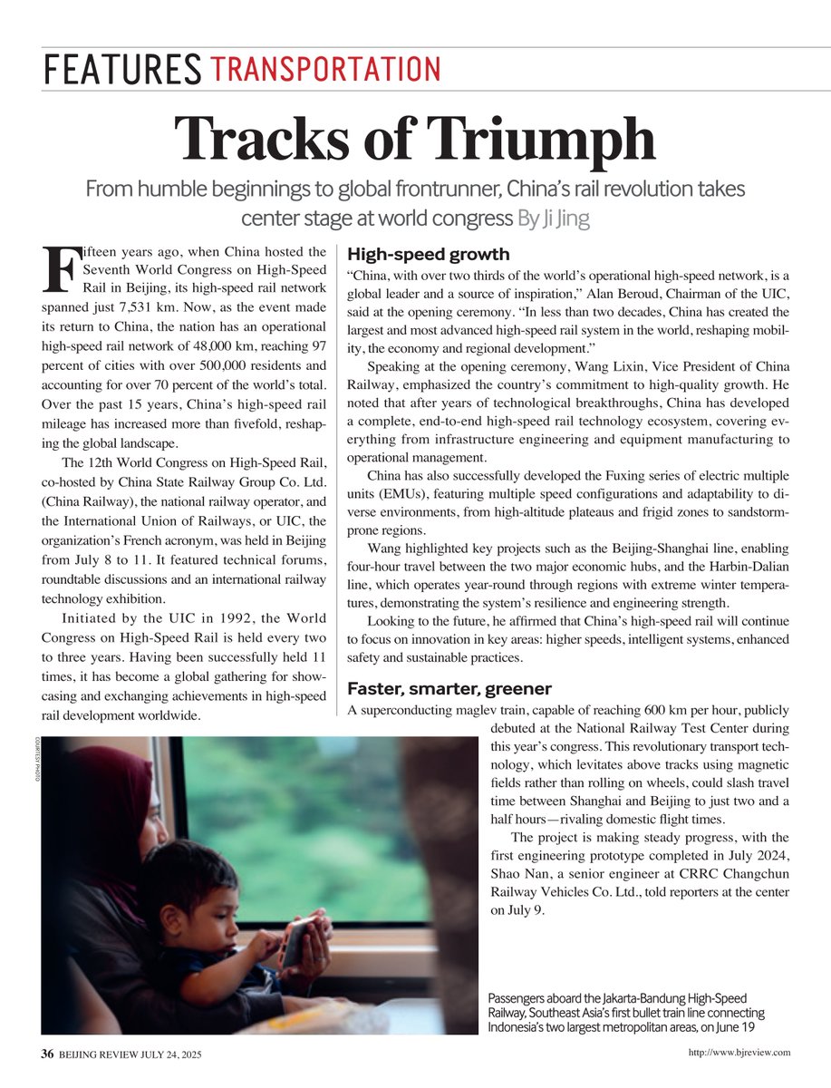 BeijingReview's tweet image. #BeijingReview Spearheaded the development of all 13 system-level international standards for high-speed rail set by the International Union of Railways (#UIC) and collaborated with over 40 countries and regions, China isn’t just building tracks—it’s laying the blueprint for…