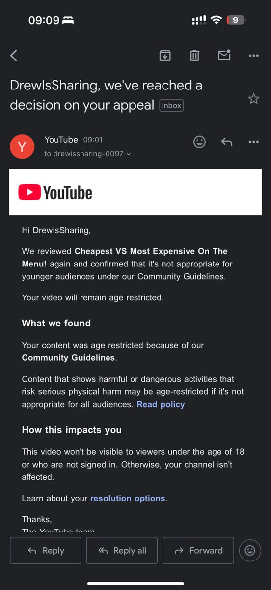 DrewIsSharing's tweet photo. You can literally make a video buying expensive alcohol & can consume it on camera, that’s fine. 
I can’t even discuss legal cannabis in a YouTube video, without showing it or consuming it.

Maybe one day @YouTube will follow their own rules.

Even my normal daily vlog I uploaded yesterday got age restricted for no reason. 

I submitted an appeal and it got denied instantly in 30 seconds, so obviously nobody actually reviewed the video.

The video shows nothing but a vlog of my day, some skateboarding, and the discussion of products, no consumption.

It just sucks because when a full video gets restricted on like 20k views after a few hours like that, the video is literally dead. 

I have to delete it at this point because if I leave it up, it will affect my future videos performance based on how my last video performed. 

Now I’ve just wasted two days of my life filming and editing that video.

I can’t reupload it, because the most dedicated subs won’t re-watch it, so it won’t get the initial views to perform well in the first place.

So now it’s just dead, forever gone.

This is why I have no motivation to film full length content. Even following all of YouTube’s rules, YouTube don’t follow their own rules, and it makes it impossible to want to dedicate spending time making a video.