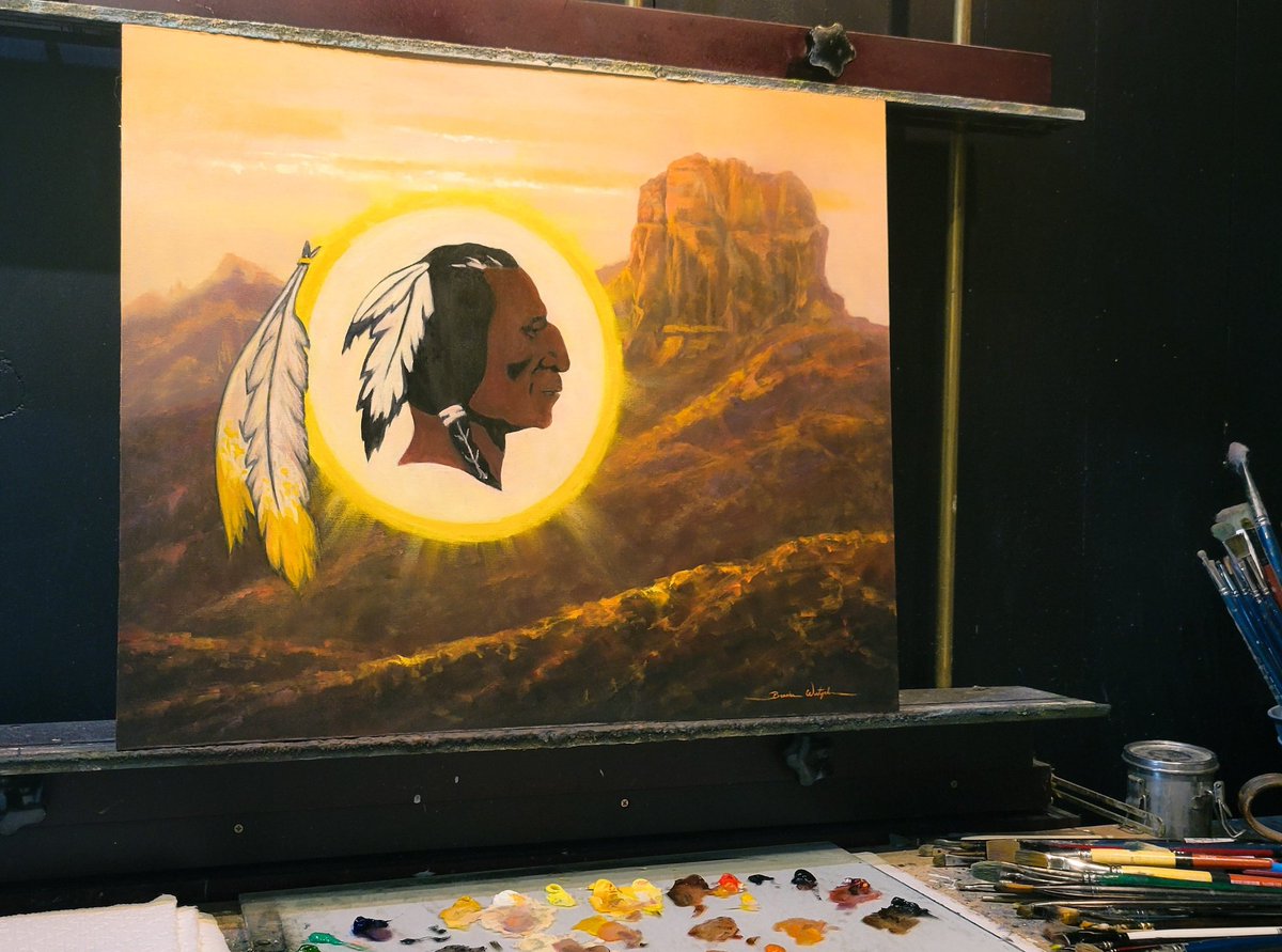 RyanWetzelMT's tweet image. My wife #BrookeWetzel painted this gift of my grandfather #BlackieWetzel's iconic "Great American Indian Warrior" logo with the sacred Chief Mountain in the background. You can find Chief Mountain in Blackfeet Country Montana where my family is from. A gift I will forever…