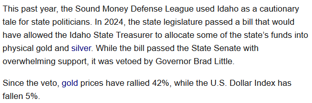 brianalmon's tweet image. Harsh but fair take from the Sound Money Defense League about how Idaho missed the boat on gold and silver.
kitco.com/news/article/2…
