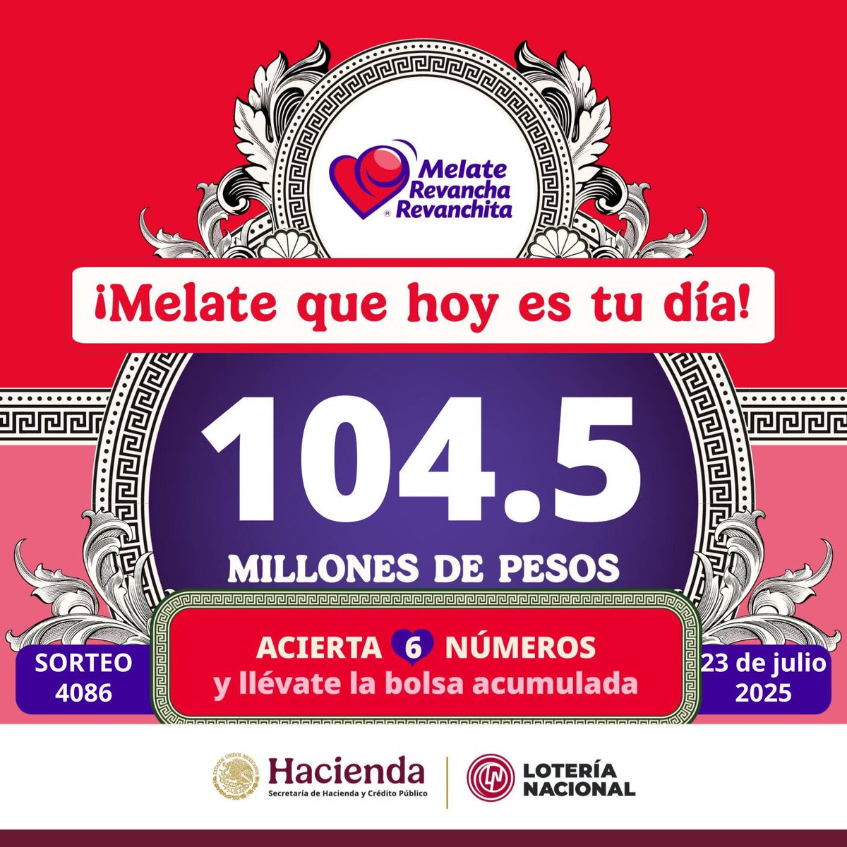 ¡La suerte puede tocar tu puerta esta noche! 💰
Participa en el sorteo #MelateRevanchayRevanchita ❤️ No. 4086 y compite por la increíble bolsa acumulada de $104.5 MILLONES DE PESOS. 🔥
🎟️ Confía en tus números, ¡y juega en grande!
🔗 Participa ahora en: alegrialoteria.com