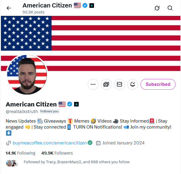 BillHillyFarmer's tweet image. If you haven't followed American Citizen, @realtalkstruth, go check him out. He engages with his followers and is a true patriot. Help him hit that 50k mark!