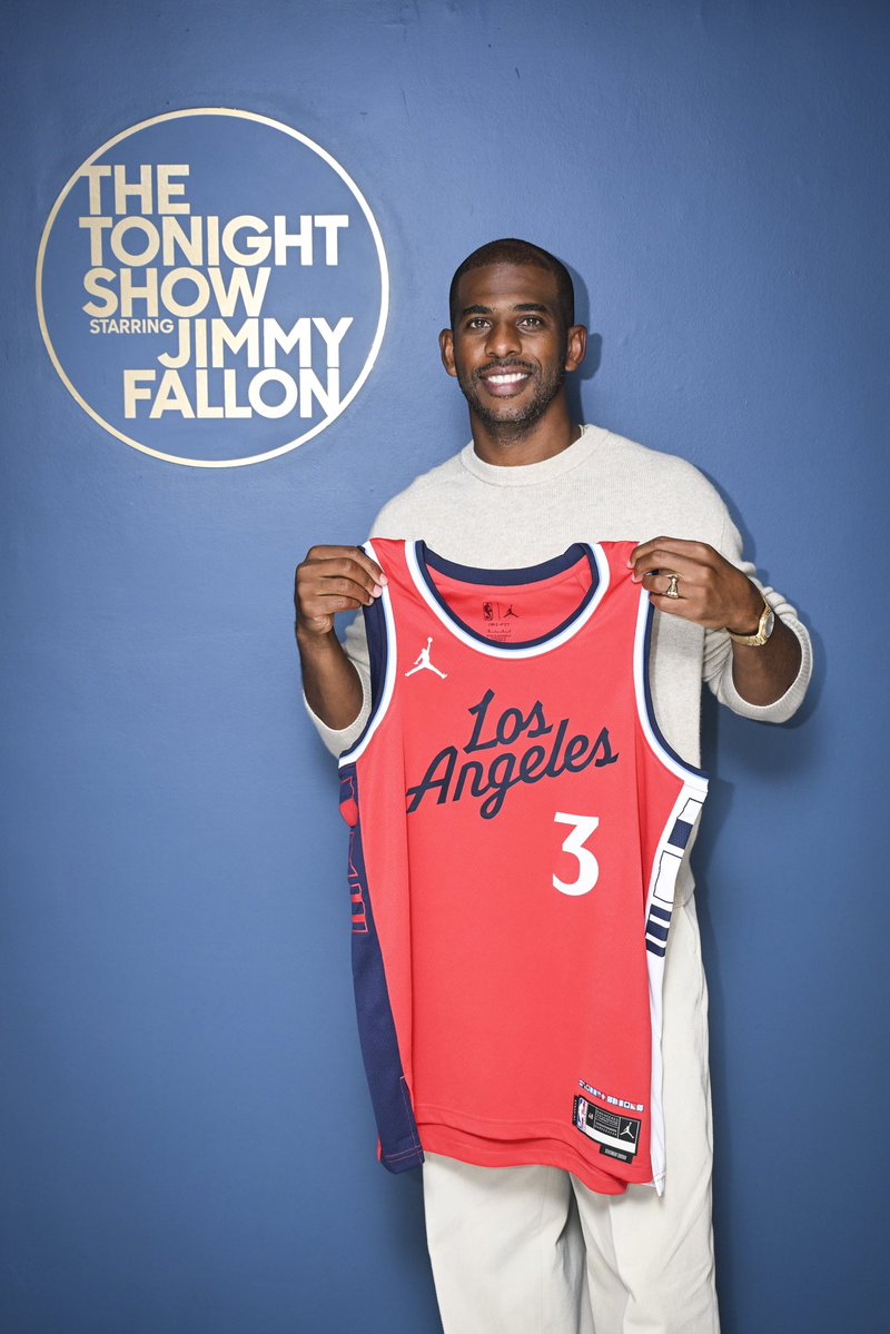 ClutchPoints's tweet image. New LA Clippers guard Chris Paul was surprised with his new LA Clippers jersey during an appearance on The Tonight Show Starring Jimmy Fallon.
(Photo credit: Todd Owyoung/NBC)