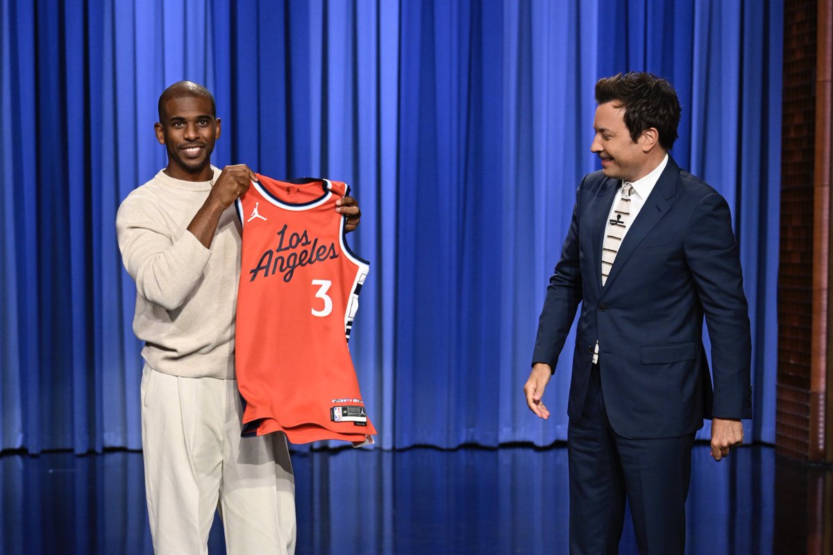 ClutchPoints's tweet image. New LA Clippers guard Chris Paul was surprised with his new LA Clippers jersey during an appearance on The Tonight Show Starring Jimmy Fallon.
(Photo credit: Todd Owyoung/NBC)