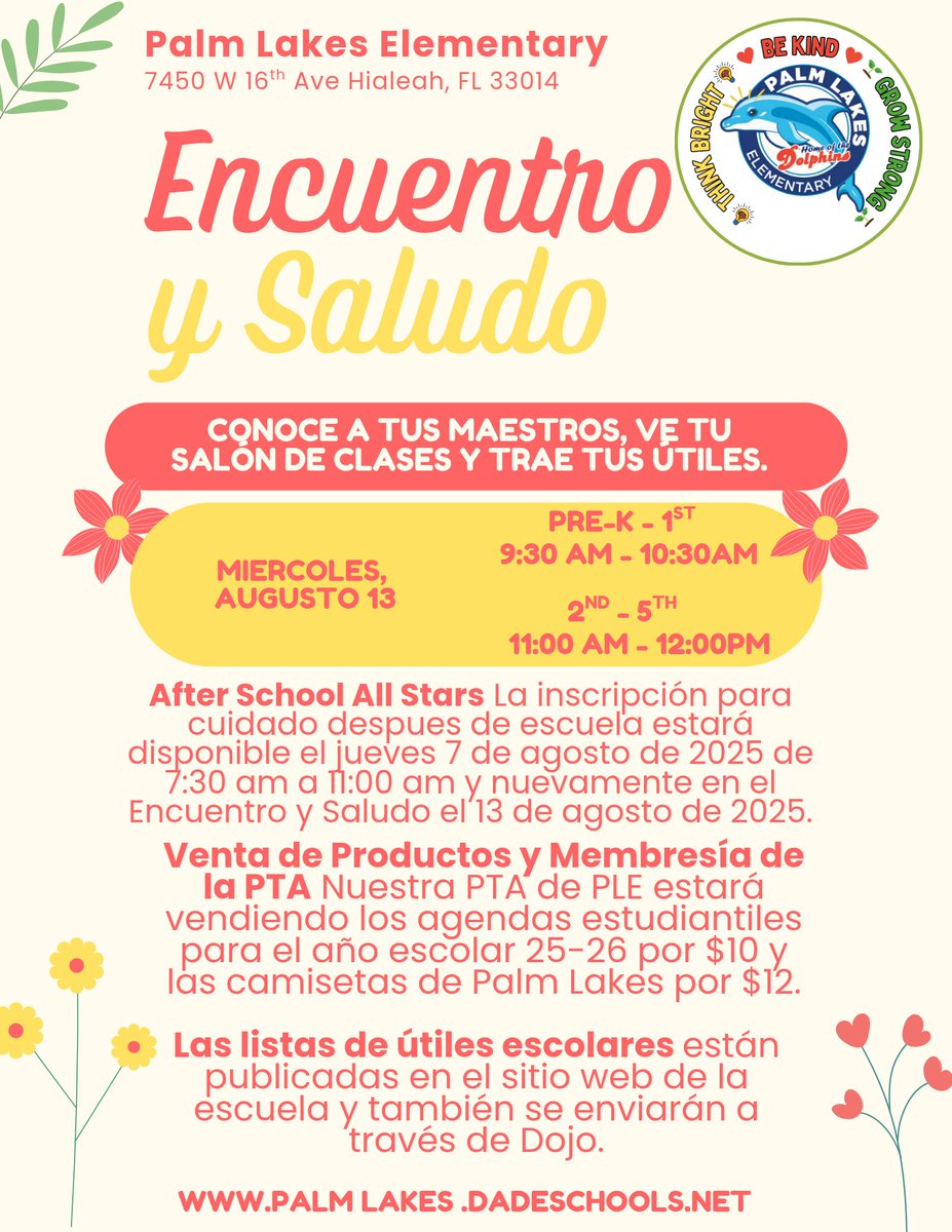 We look forward to meeting &amp; greeting all our students &amp; parents. Join us on Wed. 8/13 to meet your teachers, learn where your classroom is &amp; bring in your class supplies before the 1st day of school on Thurs. 8/14. <a href="/MDCPS/">Miami-Dade Schools</a> <a href="/MDCPSNorth/">M-DCPS North Region</a> <a href="/MDCPSTitleI/">MDCPS Title I</a> #MDCPSYourBestChoice 🧡🐬🩵