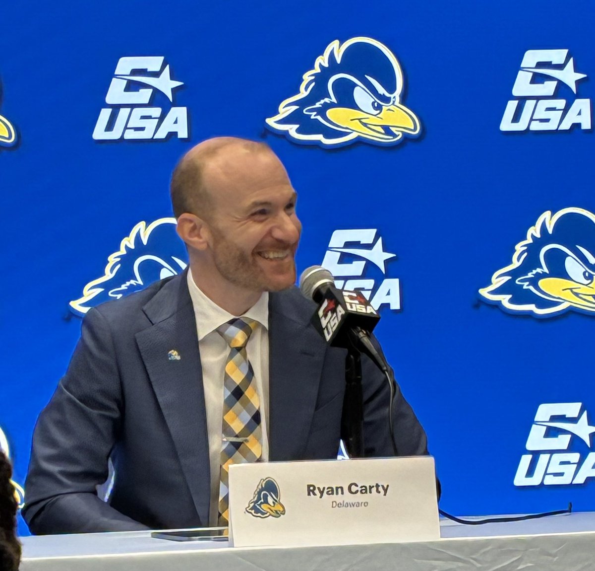 TheFWAA's tweet image. Nice to see @Delaware_FB HC Ryan Carty smiling being back in Texas. He will return to Texas Nov. 15 playing Sam Houston, where he won an FCS title as OC/QB coach in 2020. Today was the Blue Hens’ first appearance in Frisco since falling in the FCS title game here in 2010.