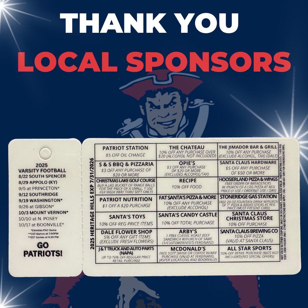 HHQBCLUB's tweet image. 🏈🔥PATRIOT DISCOUNT CARDS🔥🏈
Patriot Cards hit the streets tomorrow!
Reach out to your favorite Patriot Football player to get your local discounts.
Thank you to the local businesses who have supported the Patriot Card discounts:
The Chateau
Jimador Bar & Grill LLC
Patriot…