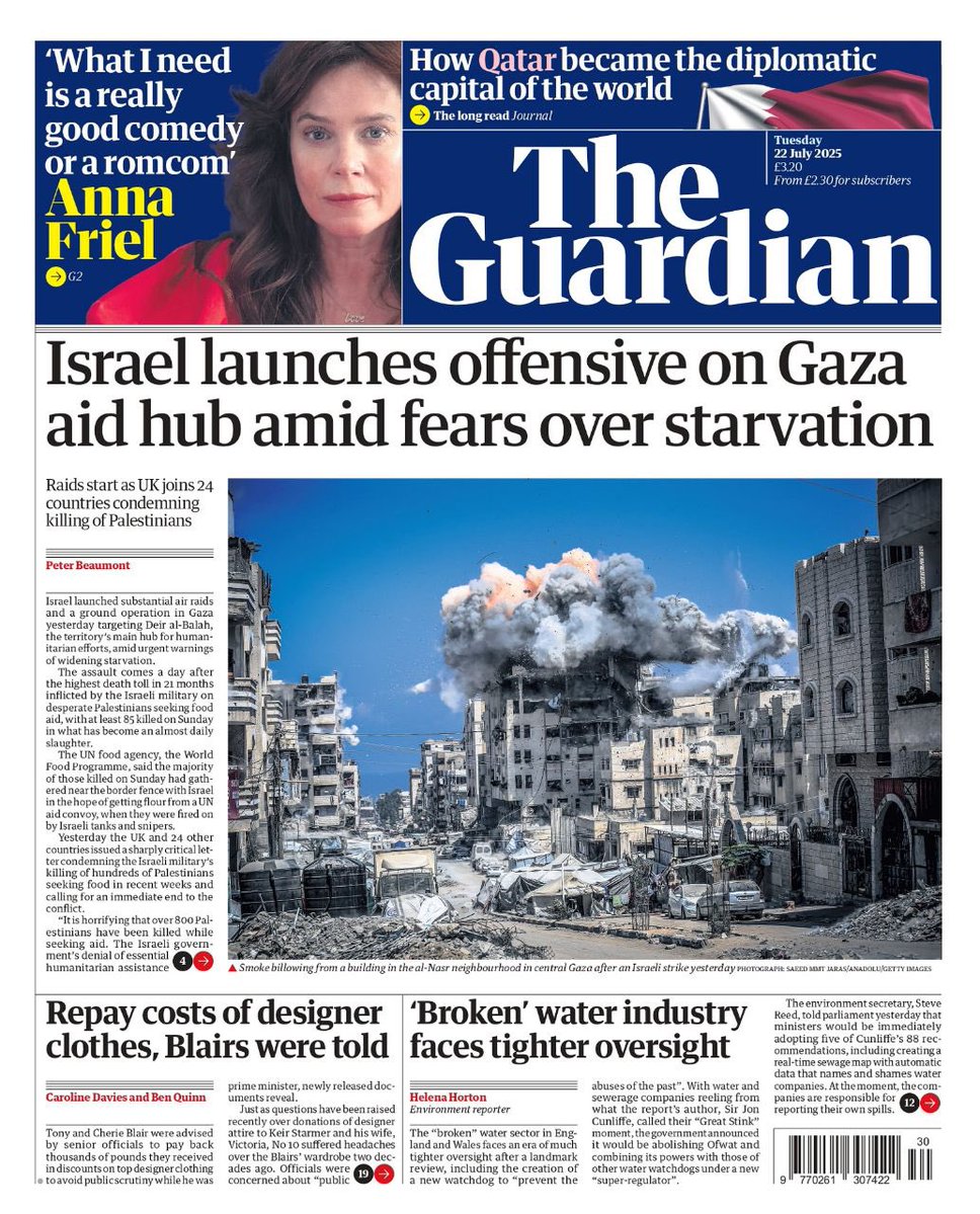 Shanna__Bylka's tweet image. 🚫 À la une du journal The Guardian ce matin : « Israël mène une offensive contre un centre de secours à Gaza, alors que plane la menace d’une famine. L’armée a pris pour cible un centre humanitaire essentiel, jusqu’ici relativement préservé des combats, après avoir enjoint les…