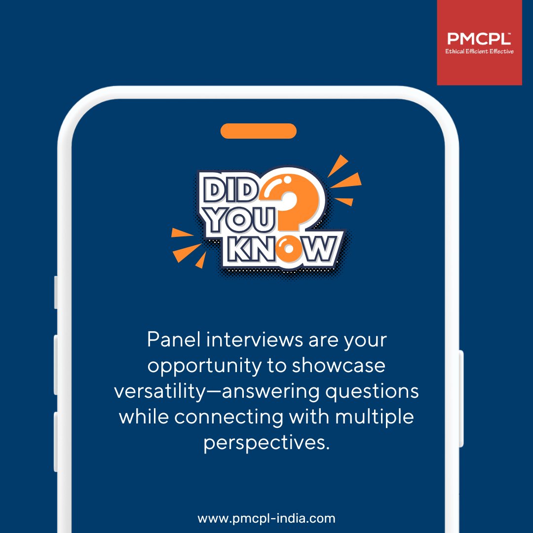 pmcpl_india's tweet image. Panel interviews are your chance to shine by engaging with multiple perspectives. Answer clearly, maintain eye contact, and stay composed to impress the entire panel. 

#DidYouKnow #PanelInterviews #VersatilityMatters #CareerSuccess #PMCPL