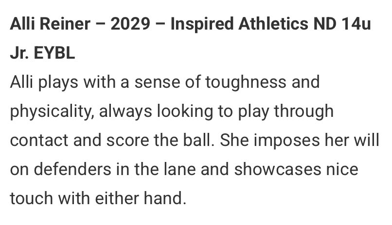 Alli Reiner (@alli_reiner2029) on Twitter photo Thank you <a href="/JrAllStarBB/">Jr. All-Star Girls Basketball</a> for the write up and recognition! So grateful to be mentioned among all the amazing players. Thankful for my incredible <a href="/ia_lifestyle/">Inspired.Athletics</a> teammates and coaches! <a href="/PriceJameson1/">Jameson Price</a> <a href="/MandanBravesGBB/">Mandan Girls Hoops</a> Thank you <a href="/JrAllStarBB/">Jr. All-Star Girls Basketball</a> for the write up and recognition! So grateful to be mentioned among all the amazing players. Thankful for my incredible <a href="/ia_lifestyle/">Inspired.Athletics</a> teammates and coaches! <a href="/PriceJameson1/">Jameson Price</a> <a href="/MandanBravesGBB/">Mandan Girls Hoops</a>